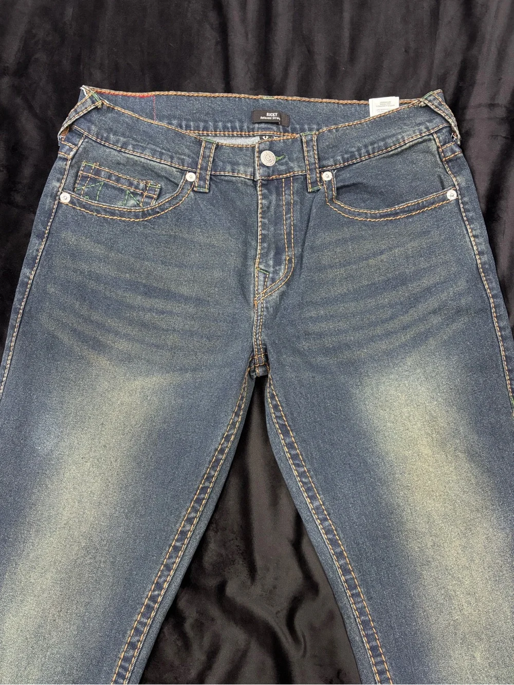True Religion Blue Jeans with Green Stitching Accent